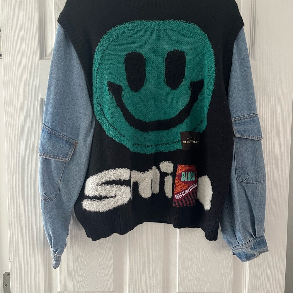 Black and Green Smiley Face Sweater with Denim Sleeves